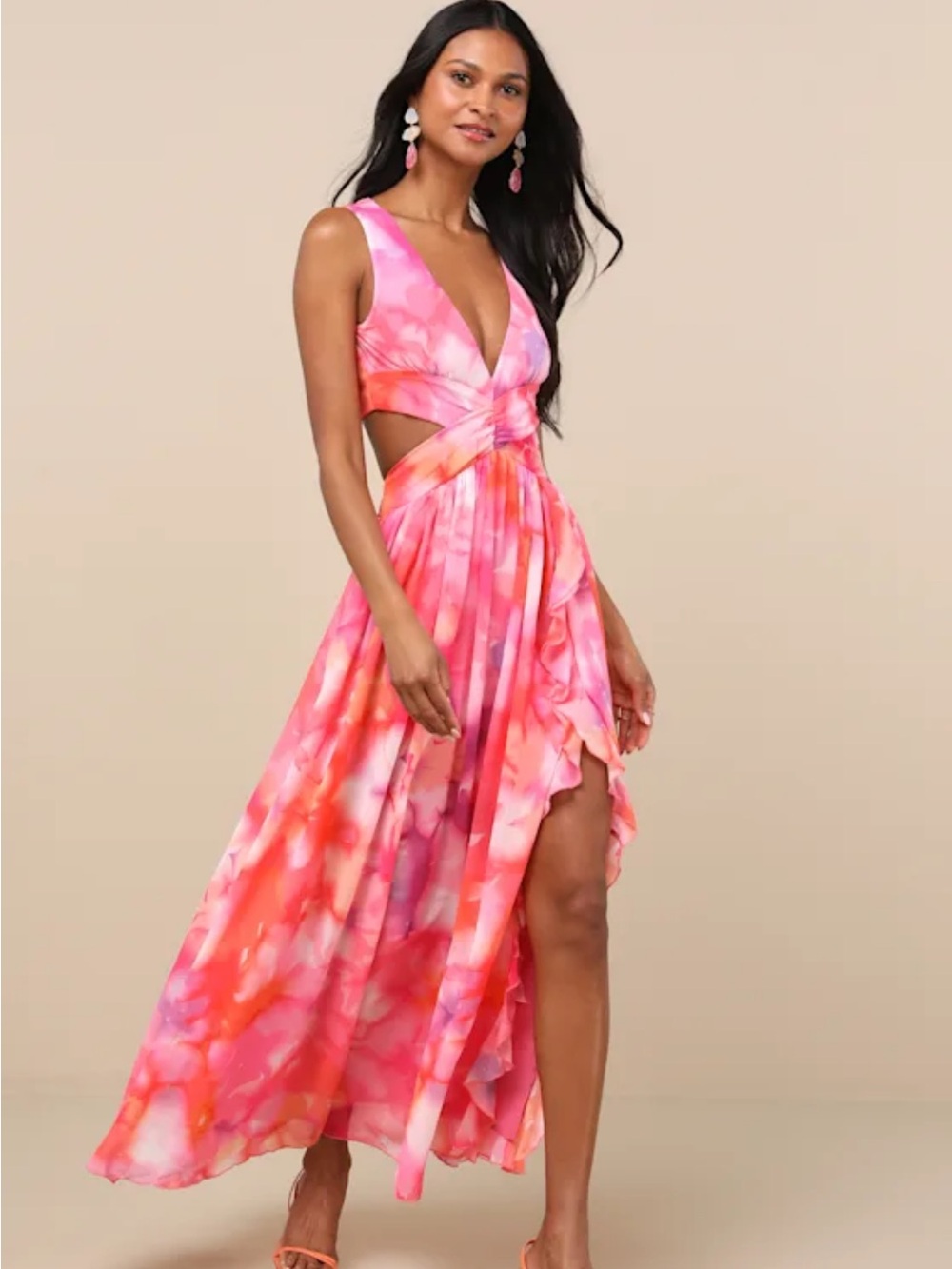 Lulu’s Elisanna Pink Multi Floral Lace-Up Midi Dress